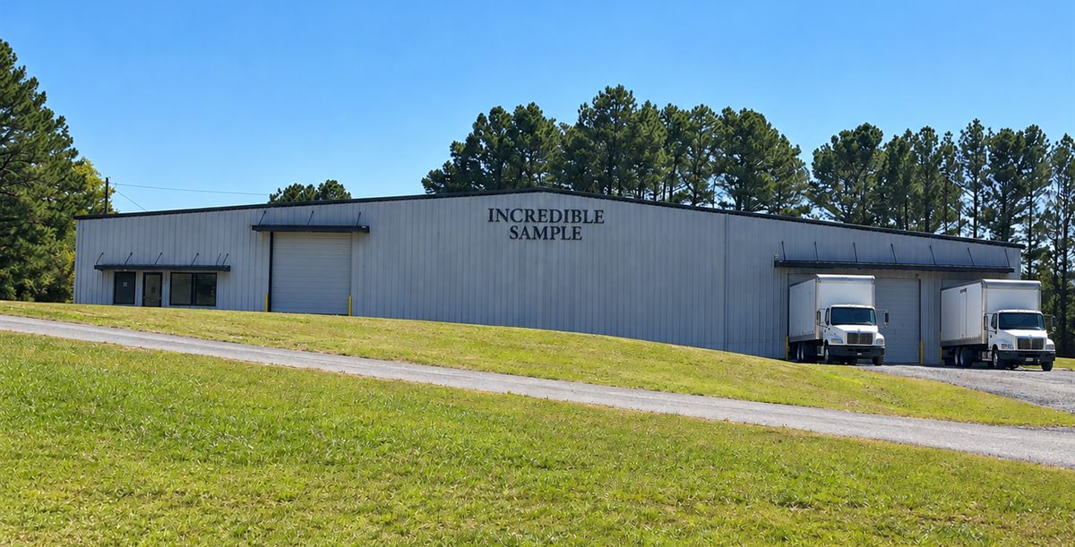The Incredible Sample building at 1576 Highway 52A in Chatsworth, Georgia, with box trucks at the loading docks